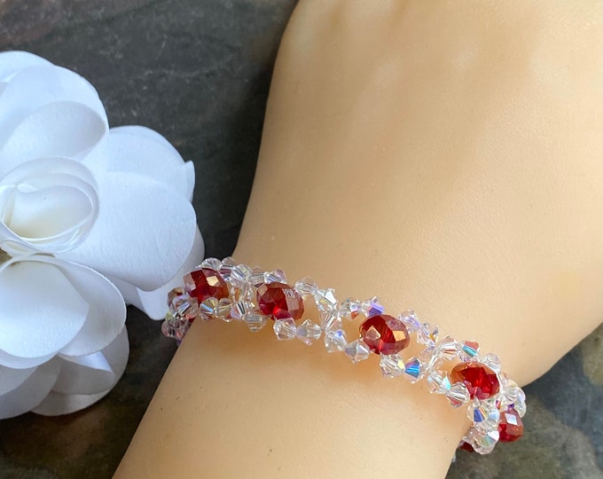Christmas Red Crystal Bracelet, Holiday Bracelet, Red Bracelet, Gifts for Her, Party Bracelet, Holiday Jewelry,