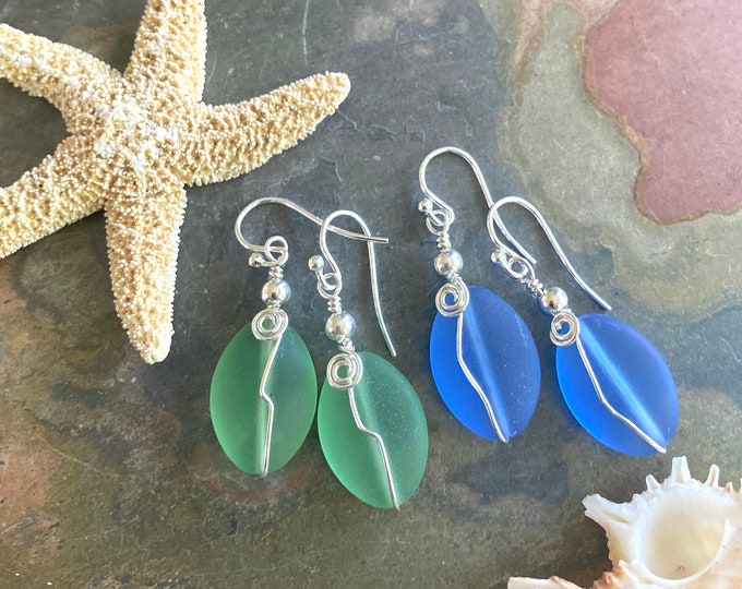 Sterling Silver Sea Glass Earrings, sky Blue Sea Glass Earrings, Green Sea Glass Dangling Earrings, Beach Wedding Jewelry,Summer Jewelry