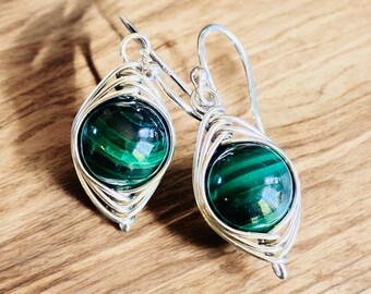 May Birthstone Malachite Earrings in Gold, Hand Wire Wrapped Malachite Dangling Earrings in Natural Copper, Green Malachite Gold Jewelry,