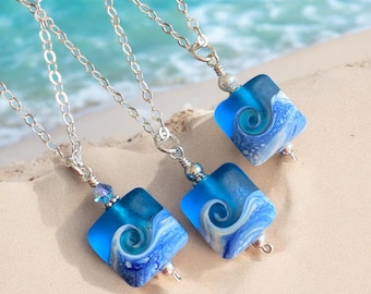 Lampwork Ocean Wave Pendant: Sterling Silver Beach Necklace