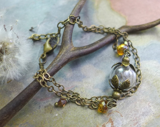 Dandelion Bracelet, Graduation Gifts for Her, Real Dandelion Flower Brass Bracelet, Wish Bracelet, Woodland Jewelry, Wish Jewelry Set