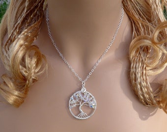 Sterling Silver Crystal Tree of Life Necklace: Swarovski AB Crystals