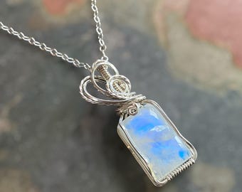 Moonstone Necklace in Sterling Silver, June Birthstone Pendant, Wire Wrapped Blue Flashing Moonstone Jewelry, Rare Beauty