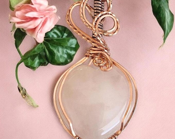 Wire Wrapped Rose Quartz Pendant,Rose Quartz Copper Necklace,Pink Rose Quartz Jewelry, Healing Gemstone ,Grandmas Gift, Rose Quartz Heart