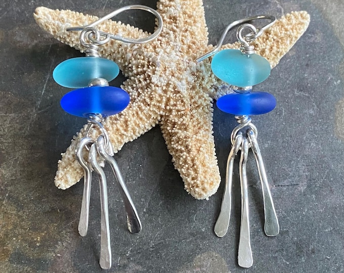 Blue Sea Glass Earrings, Beach Glass Dangling Earrings with Paddle shape Charms, .925 Sterling Silver Earrings, Beach Glass Jewelry for Her