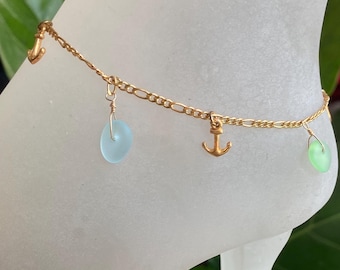 Sea Glass Anklet, Anklet in Gold Filled, Beach Style Summer Bracelet,  Beach Lover Nautical Jewelry Gifts For All Ages, Ocean Theme anklet
