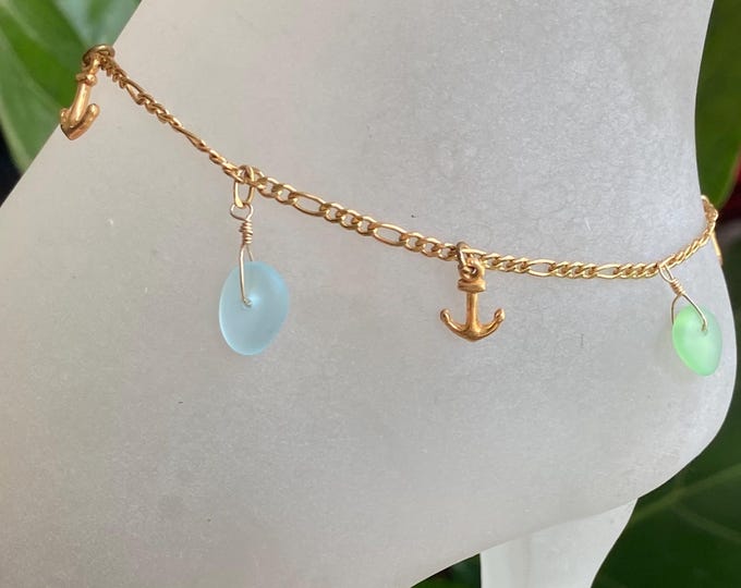 Sea Glass Anklet, Anklet in Gold Filled, Beach Style Summer Bracelet,  Beach Lover Nautical Jewelry Gifts For All Ages, Ocean Theme anklet
