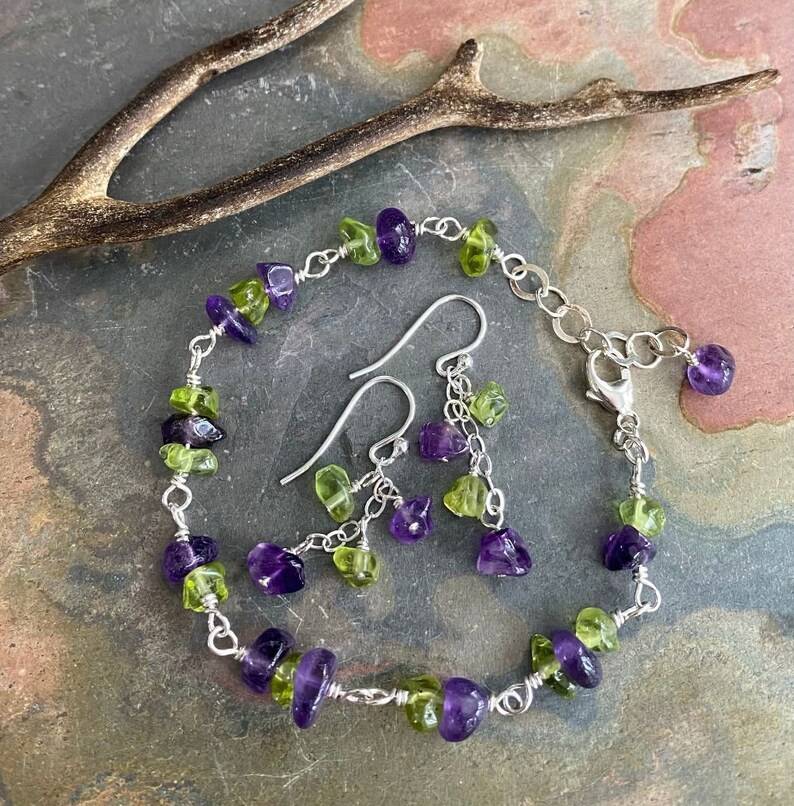 Wired Amethyst/Peridot Bracelet/Anklet or Necklace,Linked Wired Amethyst / Peridot Necklace February and August Birthstone Bracelet/Necklace image 3