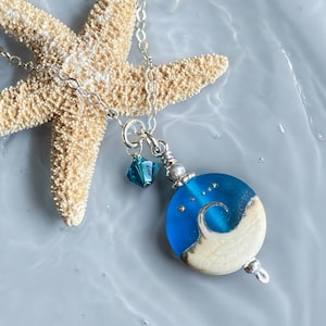 Blue Lampwork Ocean Wave Necklace: .925 Sterling Silver Pendant