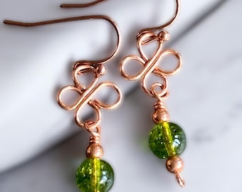 August Peridot Earrings in Copper, Celtic Inspired Clover Dangling Earrings, Wired Clover Peridot Earrings, Green Peridot Earrings,