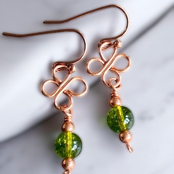 Peridot Dangle Earrings: August Birthstone Jewelry, Wired Jewelry, Celtic Copper Peridot