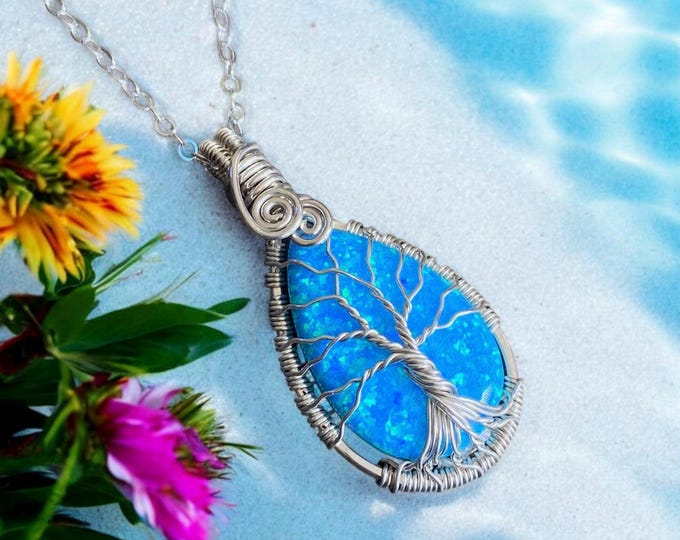 Blue Opal Necklace sterling silver,Wire Wrapped Synthetic Blue Opal Tree of Life Necklace,October Birthstone,Opal Jewelry,Blue Opal Earrings