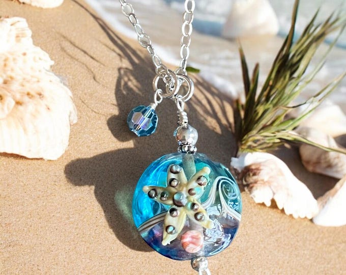 Starfish Necklace in Sterling Silver, Starfish Lampwork glass Necklace, Beach theme Necklace, Ocean Theme Starfish Necklace, Beach Wedding