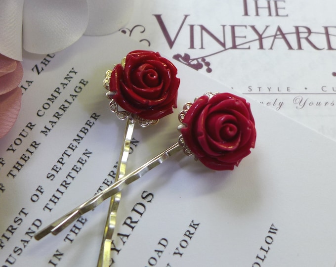 Hair Pin Clips, Deep Red Rose bobby Pins, A Pair Two Rose Flower barrette set,  Floral Bridal hair accessories,  Flower Girl,  Brides maids