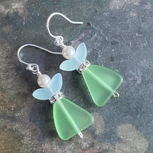 Sterling Silver Sea Glass Angel Dangle Earrings, Opalescent Wings, Guardian Angel Jewelry image 18