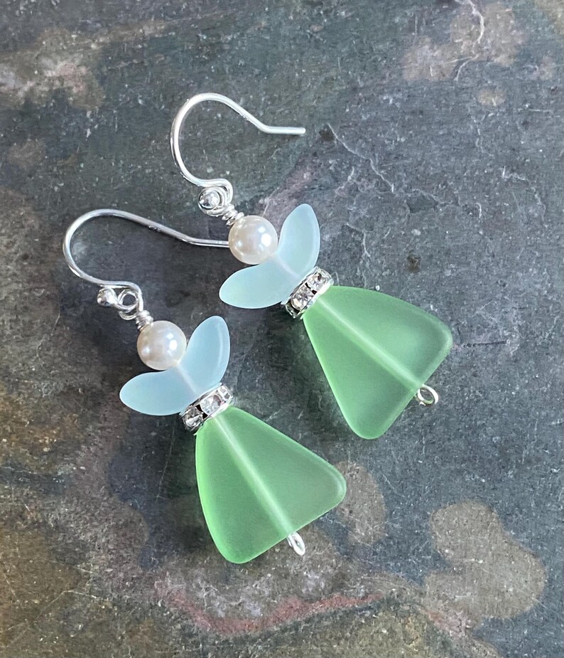 Sterling Silver Sea Glass Angel Dangle Earrings, Opalescent Wings, Guardian Angel Jewelry image 18
