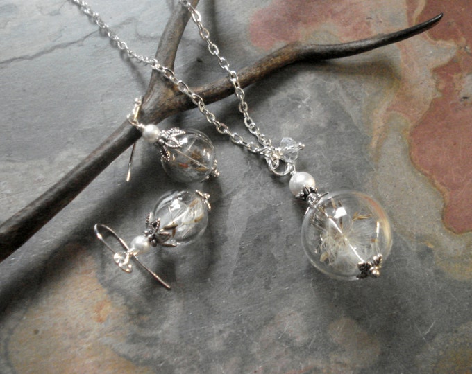 Dandelion Seed Crystal Pearl Silver Necklace, Earrings-Make a Wish Dandelion Jewelry, Real Dandelion Seed Birthday necklace, Glass Jewelry