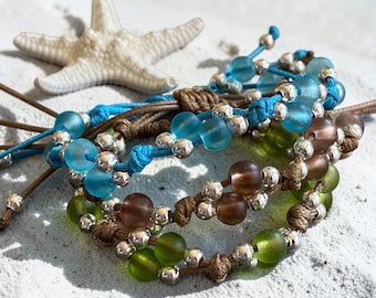 Sea Glass Macrame Bracelet, Double Row Boho Beach Jewelry, Adjustable Nautical Accessory