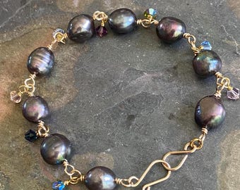 Iridescent Peacock Freshwater Pearl Bracelet,  Pearls, Gold Filled Wire Wrapped, Swarovski Crystal
