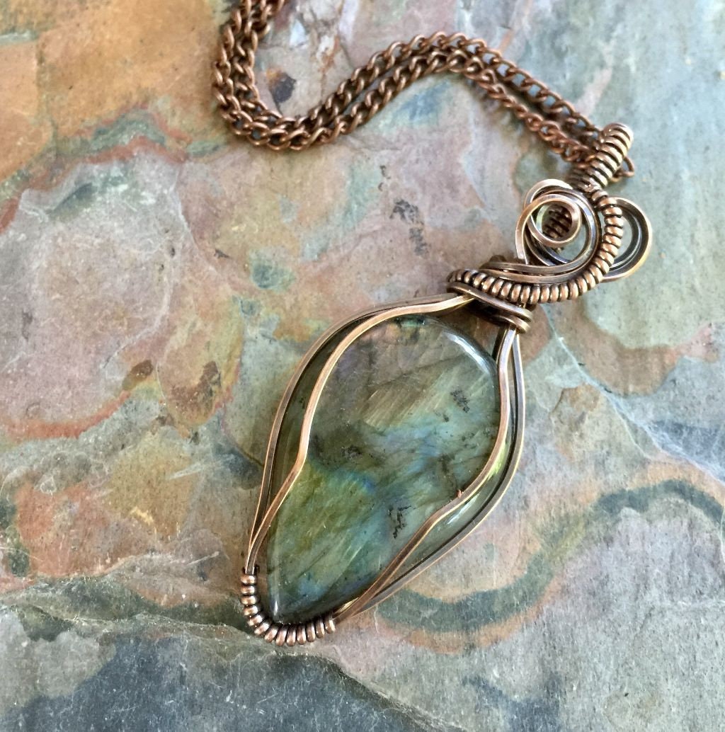 Long Necklace Copper Pendant Green and Gold Flash Labradorite Pendant Labradorite Jewelry Wire Wraped Jewelry 7th Anniversary Gift