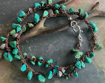 Turquoise Bracelet, December Birthstone Bracelet, Crocheted Turquoise Macrame bracelet, Double Strand Bracelet, Healing gemstone Bracelet,