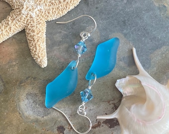 Wire wrapped Sea Glass Jewelry in Sterling Silver, Sea Glass Silver Earrings, Dangling Earrings ,Beach Weddings, Sea Glass  earrings