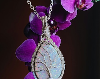 Opal jewelry, Fast READY Ship in 1 to 2 days, STERLING SILVER White Opal Necklace, October Birthstone Necklace, Opal Tree of Life Necklace