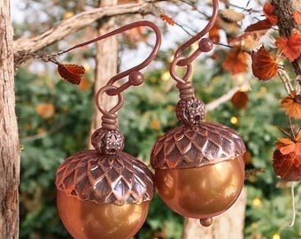 Copper Pearl Acorn Earring and Necklace Set, Autumn Acorn Jewelry Thanksgiving Gift,  Harvest Thanksgiving Jewelry, Fall Wedding Jewelry