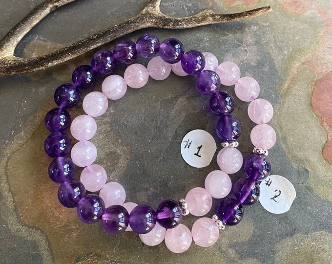 Natural Madagascar Rose Quartz and Amethyst Bracelet,February Birthstone Bracelet, A+ Rose quartz Healing Elastic/Stretch Gemstone Bracelet,