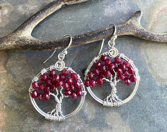 Ruby Tree of Life Earrings in Sterling Silver,Genuine Ruby Earrings,July Birthstone Earrings, Ruby Jewelry, Red Earrings