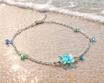 Sea Glass Anklet or Bracelet in Sterling Silver Blue Beach  Crystal Jewelry, Coastal Accessories