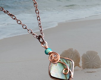 Abalone Necklace, Wire Wrapped Abalone Pendant in Copper, Abalone Jewelry, Rainbow Abalone Necklace, Necklace for Women, Summer Necklace