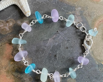 Silver Wire Wrapped Sea Glass Bracelet, Aqua Blue Pink Lavender Jewelry
