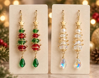 Handmade Christmas Spiral Earrings, Gold Tone, Crystal or Pearl Dangle (2-inch Drop) Long