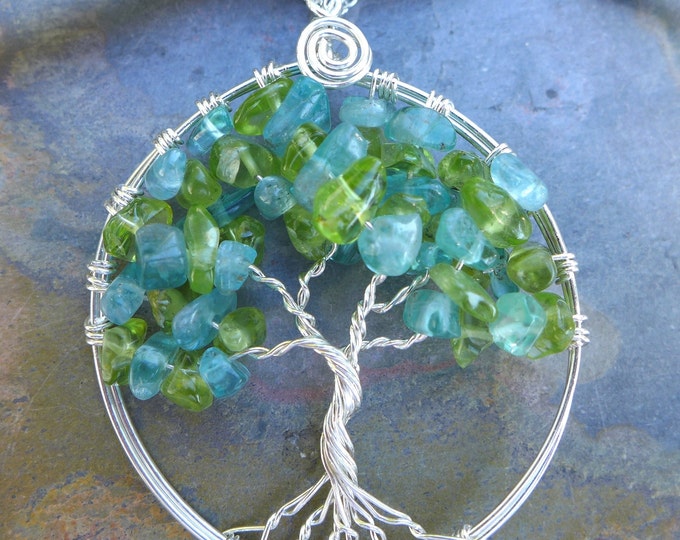 Tree of Life Pendant with Sterling Silver Chain- Apatite/Peridot Gemstone Tree of Life Pendant Necklace- December, August Birthstone