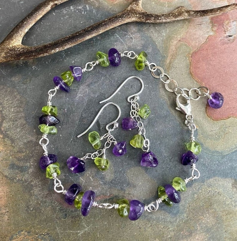 February Birthstone Jewelry AmethystPeridot Bracelet in Sterling Silver,Linked Wire Wrapped Amethyst and Peridot Bracelet Earrings