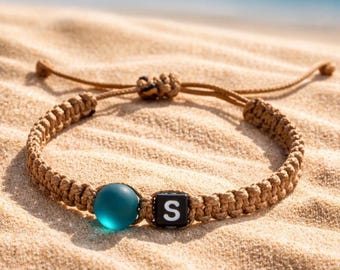 Personalized Sea Glass Initial Bracelet, Teal Macrame Boho Jewelry
