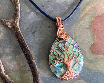 Abalone Tree of Life Necklace: Copper Wire Wrapped Pendant