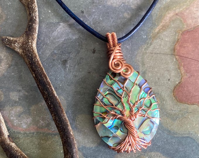 Frameless Abalone Necklace, Wire Wrapped Abalone Pendant,Abalone Tree of Life Necklace  Leather,Abalone Necklace Copper,Paua Shell Jewelry