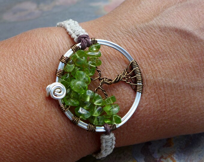 Peridot Tree of Life Hemp Bracelet: August Birthstone, Adjustable