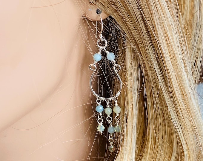 Chandelier Amazonite Earring for Wedding Formal Jewelry Boho Style Statement Piece Wire Wrapped Dangle Beach Set,