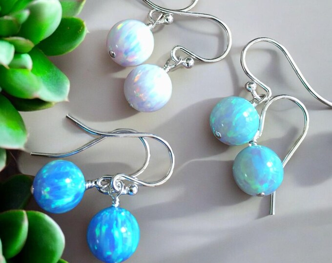 Opal Earrings in Sterling Silver, Lab Created Opal Earrings, Blue Opal Earrings, White Opal Earrings, Aqua Blue Opal Earrings, opal Jewelry