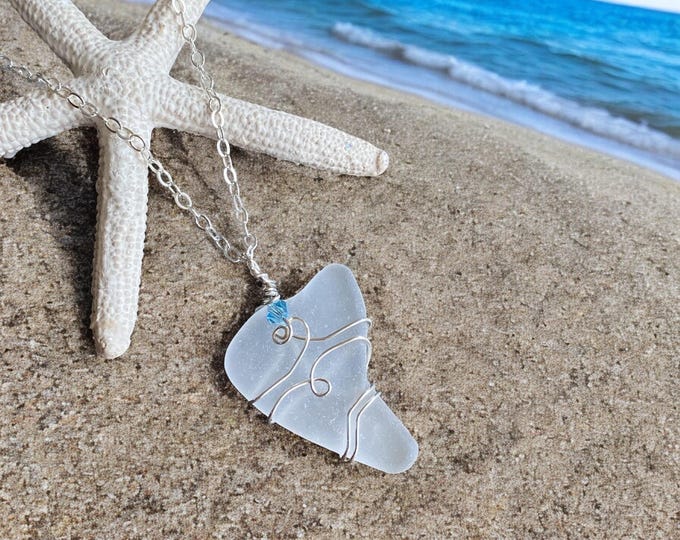 Genuine White Beach Glass Necklace, Wire Wrapped Naturally Tumbled Sea Glass Necklace, White Sea Glass Pendant Necklace in Sterling Silver
