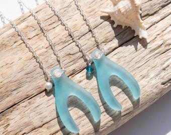 Wishbone Sea Glass Necklace in  Silver, Ocean Blue Pendant, Pearl or Crystal Charm