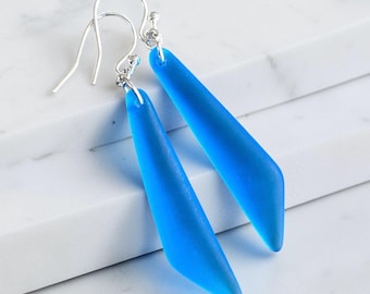 Pacific Blue Elongated Sea Glass Earrings, Sterling Silver Dangles