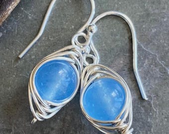 Handmade Herringbone Weave Aquamarine Calcedony Earrings, Wired Gemstone Earrings , Blue Calcedony Dangling Earrings, Gifts for Her