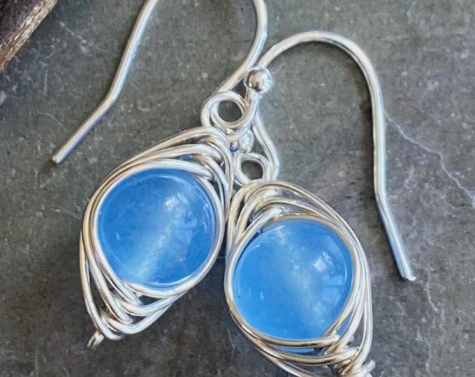 Handmade Herringbone Weave Aquamarine Calcedony Earrings, Wired Gemstone Earrings , Blue Calcedony Dangling Earrings, Gifts for Her