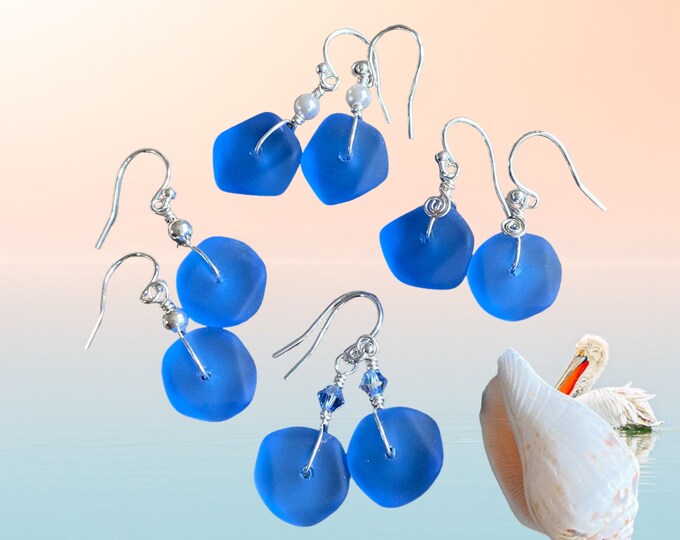 Blue Sea Beach Glass Earrings in Sterling Silver Earwires, Blue Sea Glass Earrings, Beach Weddings, Blue earrings-You Pick Your Favorite
