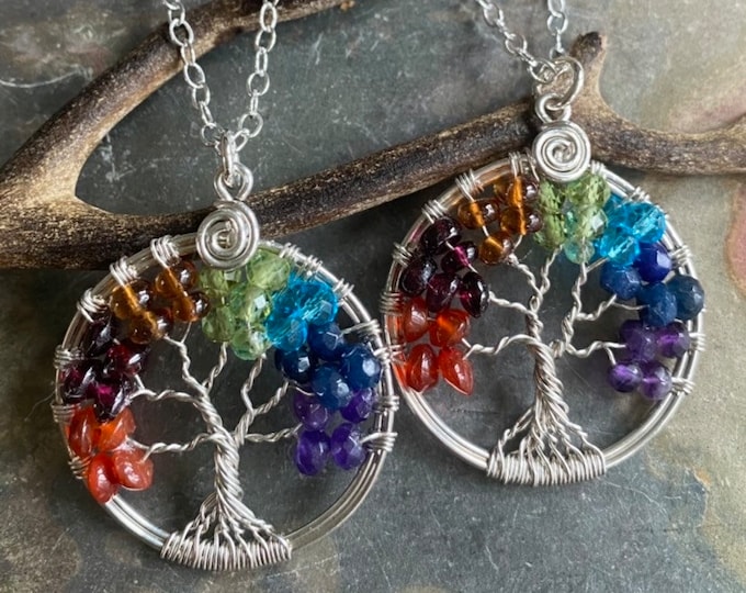 STERLING SILVER 7 Chakras Tree of Life Necklace, Wire Wrapped Chakras Tree of Life Pendant, Chakras Gemstone Jewelry, Healing Necklace