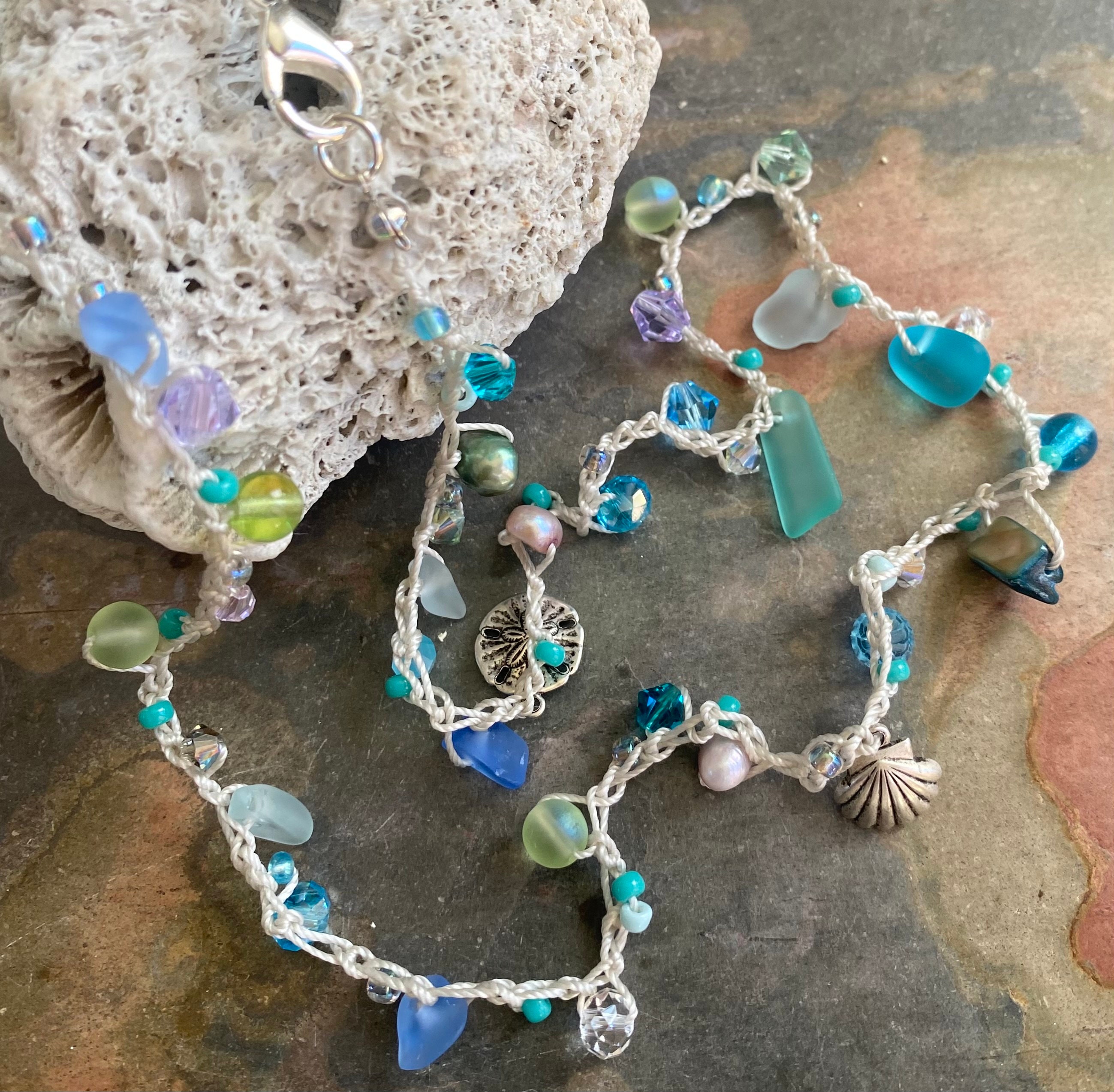 Sea Glass Bracelet, Crocheted Sea Glass Bracelet, Pearls, Cultured Sea glass,  Swarovski Crystals, Beach Sea glass Bracelet. Boho Crochet
